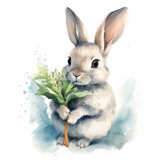 there is a rabbit that is holding a plant in its paws generative ai