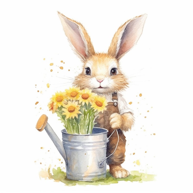 There is a rabbit that is holding a watering can with flowers generative ai