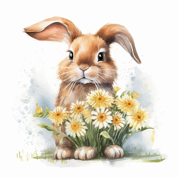 There is a rabbit that is sitting in the grass with flowers generative ai