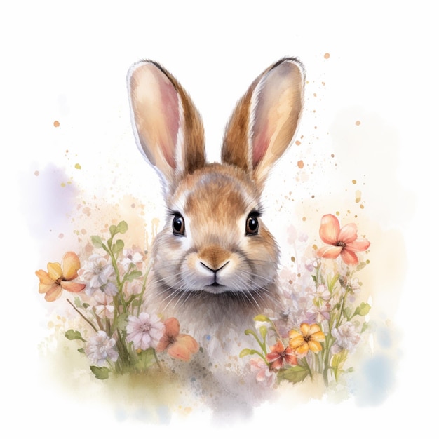 There is a rabbit that is sitting in the grass with flowers generative ai