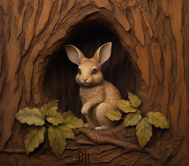 Photo there is a rabbit that is sitting in a tree trunk generative ai
