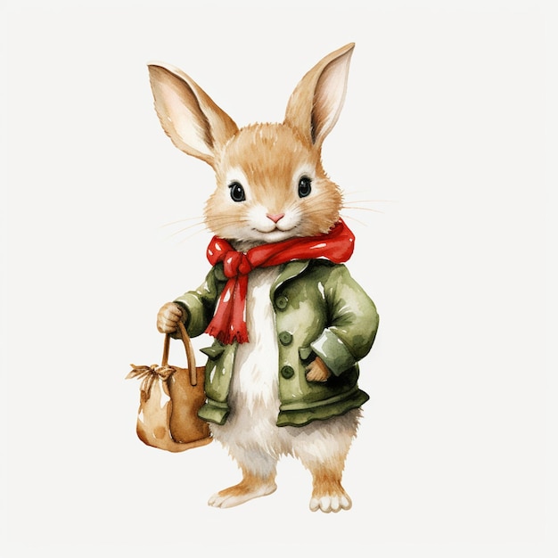 Photo there is a rabbit that is wearing a coat and holding a bag generative ai