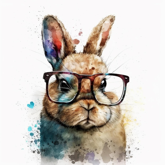 흰색 배경 생성 ai에 안경을 쓰고 넥타이를 매고 있는 토끼가 있습니다.