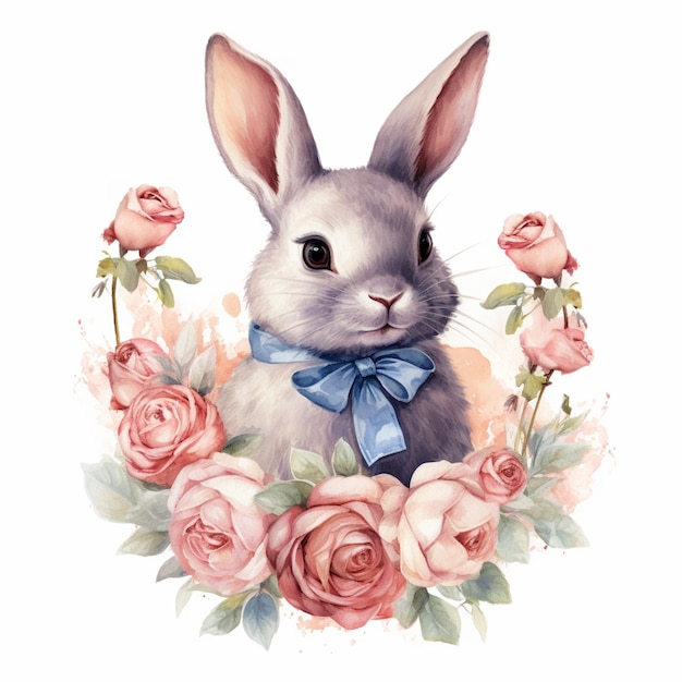 there is a rabbit with a bow and roses around it generative ai