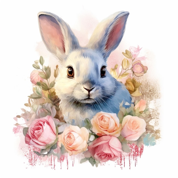 there is a rabbit with flowers on its head and a white background generative ai