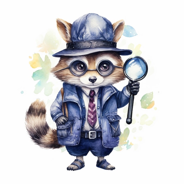 There is a raccoon dressed in a suit and hat holding a magnifying glass generative ai