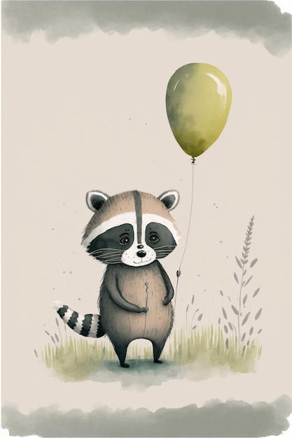 there is a raccoon holding a yellow balloon in its hand generative ai