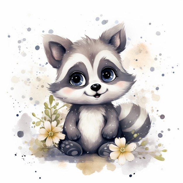 There is a raccoon sitting on the ground with flowers generative ai