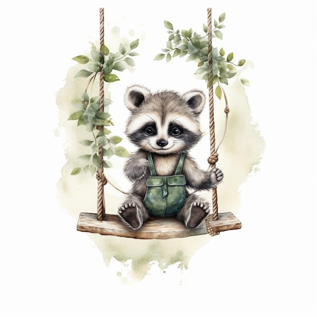 Photo there is a raccoon sitting on a swing with a green apron generative ai