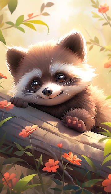 there is a raccoon that is sitting on a branch in the grass generative ai