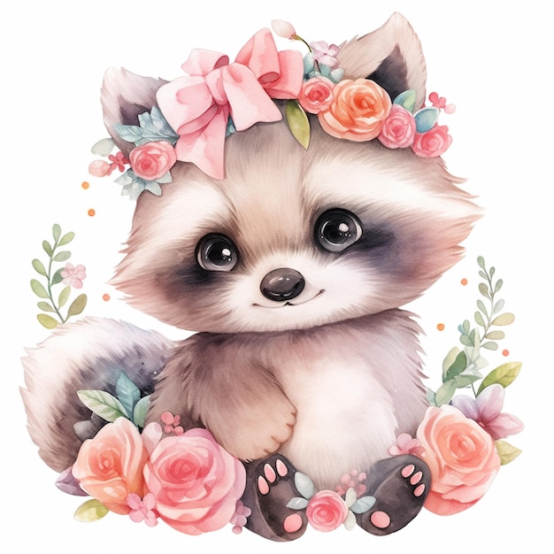 There is a raccoon with a flower crown on its head generative ai