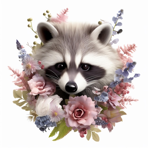 there is a raccoon with flowers around its neck generative ai