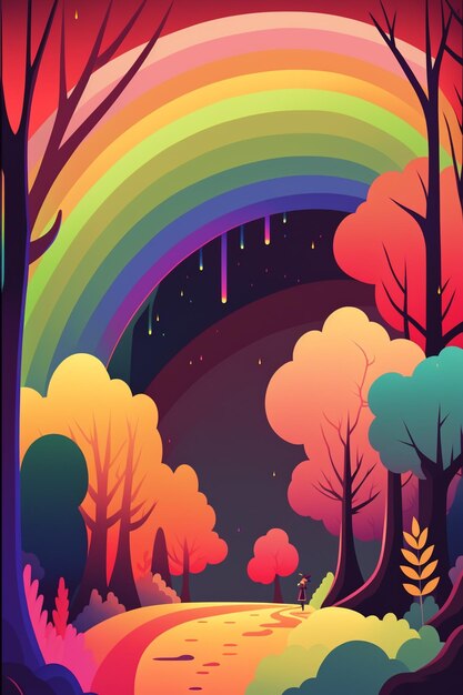 there is a rainbow in the sky over a forest with trees generative ai