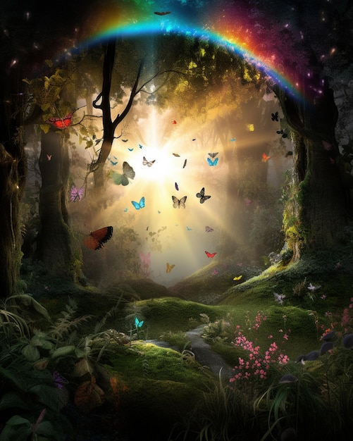 There is a rainbow in the sky with many butterflies flying around generative ai
