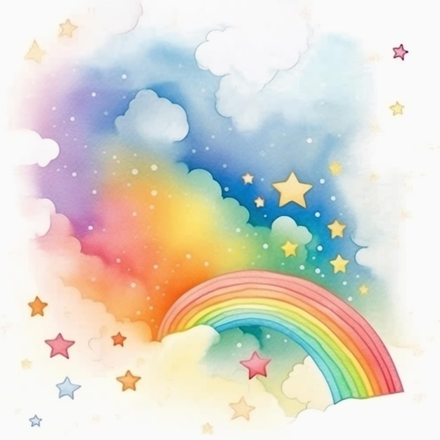 there is a rainbow and stars in the sky with clouds generative ai