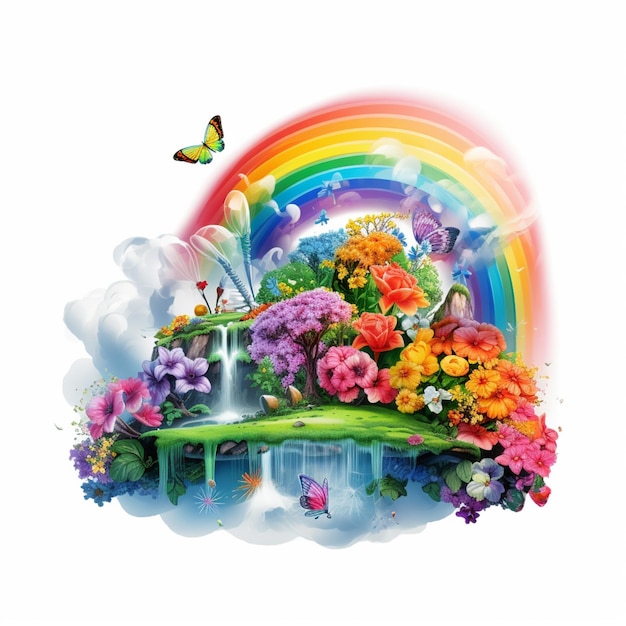 虹と滝があり、花と蝶の生成AI