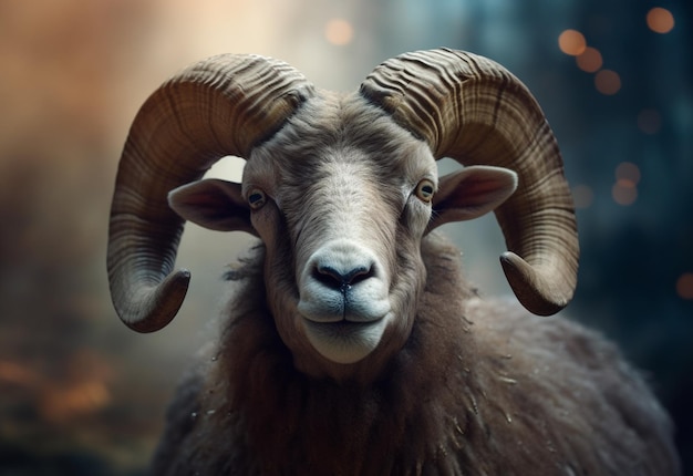 there is a ram with large horns standing in a forest generative ai