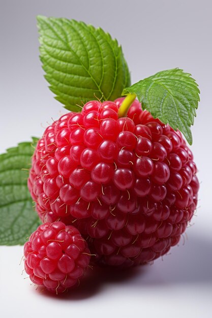 there is a raspberry with a leaf on top of it generative ai