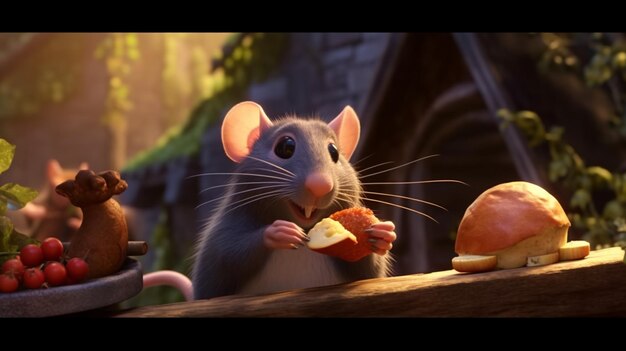 ネズミがテーブルの上で食べ物を食べている