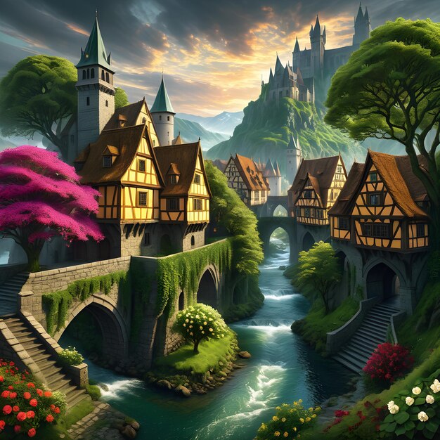 There is a realistic atmospheric digital painting of a medieval fantasy cityscape The cityscape is