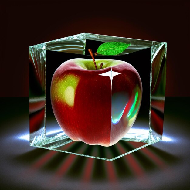 Photo there is a red apple inside a glass cube with a green leaf generative ai