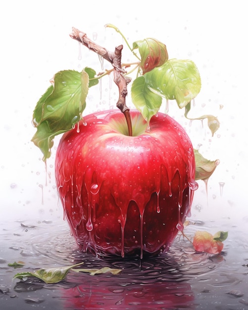 there is a red apple with a leaf on it sitting in the water generative ai