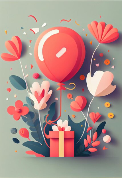 There is a red balloon with a gift and flowers on it generative ai