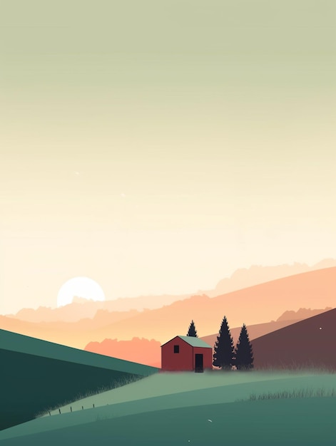 There is a red barn in a field with mountains in the background generative ai