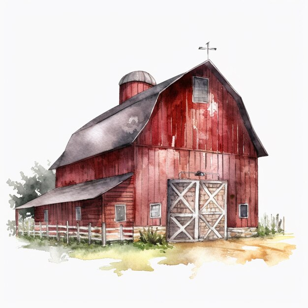 There is a red barn with a black roof and a white fence generative ai