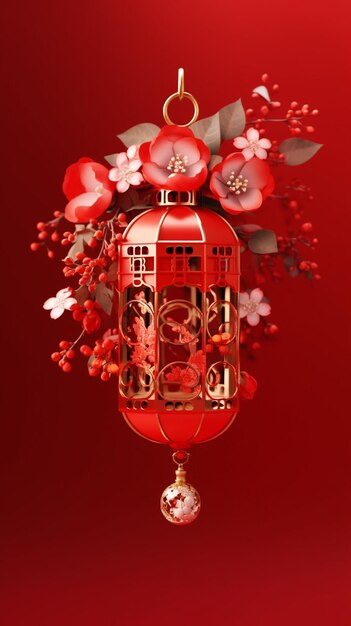 There is a red bird cage with flowers and a red background generative ai