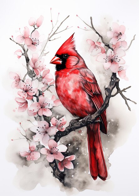 赤い鳥が木の枝の上に座っている