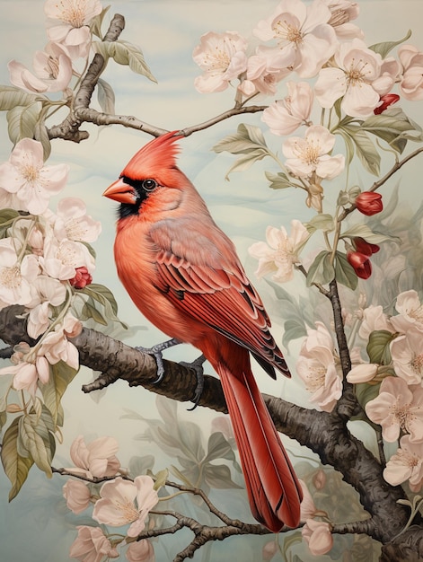 there is a red bird sitting on a branch of a tree generative ai