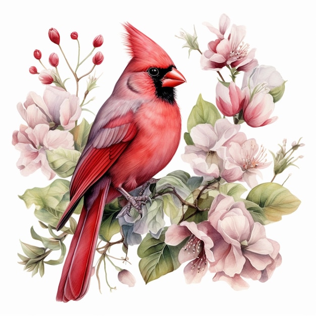 There is a red bird sitting on a branch of a tree generative ai