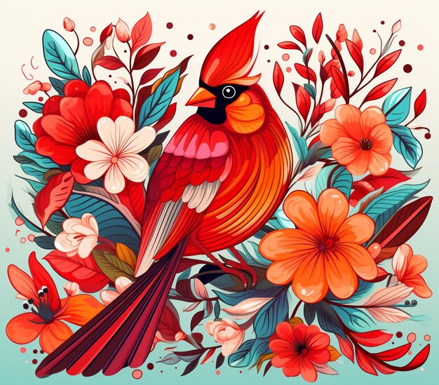 there is a red bird sitting on a branch with flowers generative ai