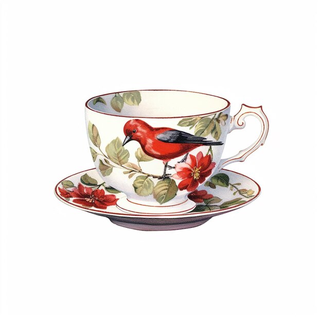 Photo there is a red bird sitting on a tea cup and saucer generative ai