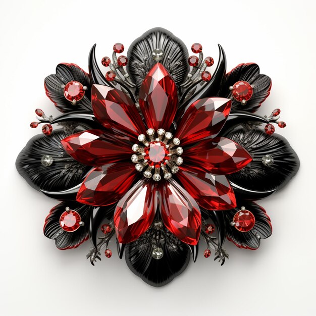 there is a red and black brooch with pearls and beads generative ai