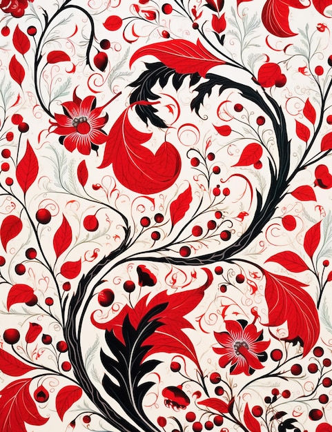 There is a red and black floral design on a white background generative ai