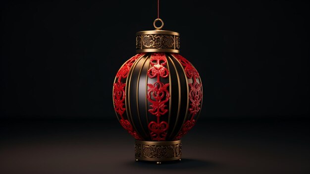 Photo there is a red and black oriental style lantern hanging from a string generative ai