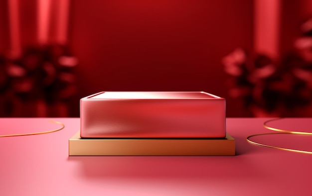 На столе сидит красная коробка с золотым кольцом.