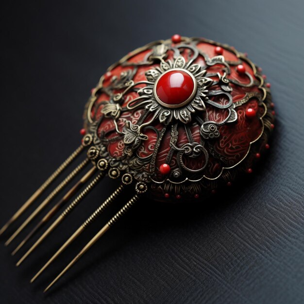 there is a red brooch with gold hair combs on a black surface generative ai