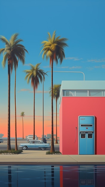 there is a red building with a blue door and palm trees generative ai