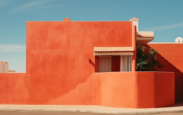 There is a red building with a white roof and a tree generative ai