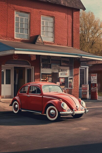 Photo there is a red car parked in front of a building generative ai