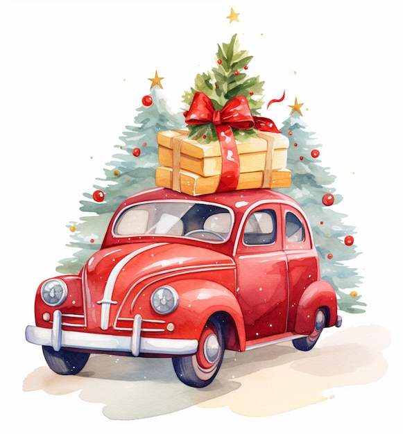 there is a red car with a christmas tree on top generative ai