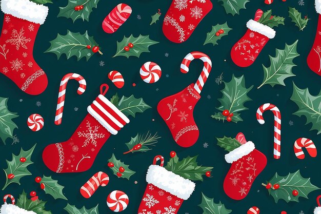 There is a red christmas stocking with a candy cane and holly leaves generative ai