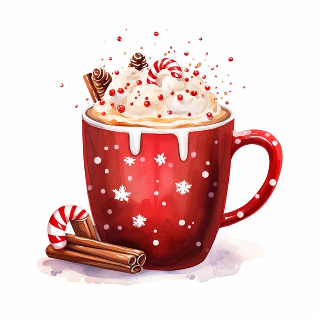 there is a red cup with a whipped cream and cinnamon sticks generative ai