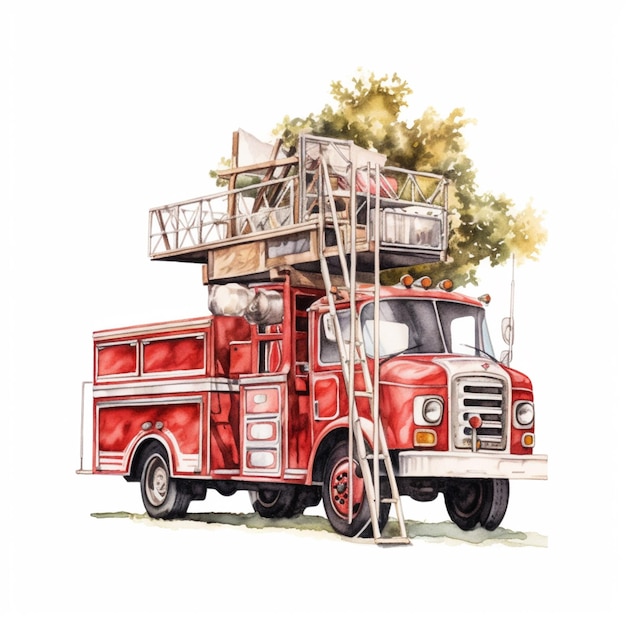 Photo there is a red fire truck with ladders on top of it generative ai