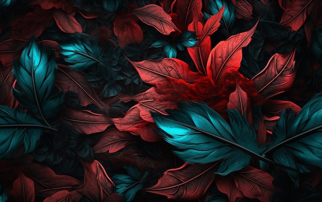 Есть красный цветок, окруженный зелеными листьями на черном фоне.