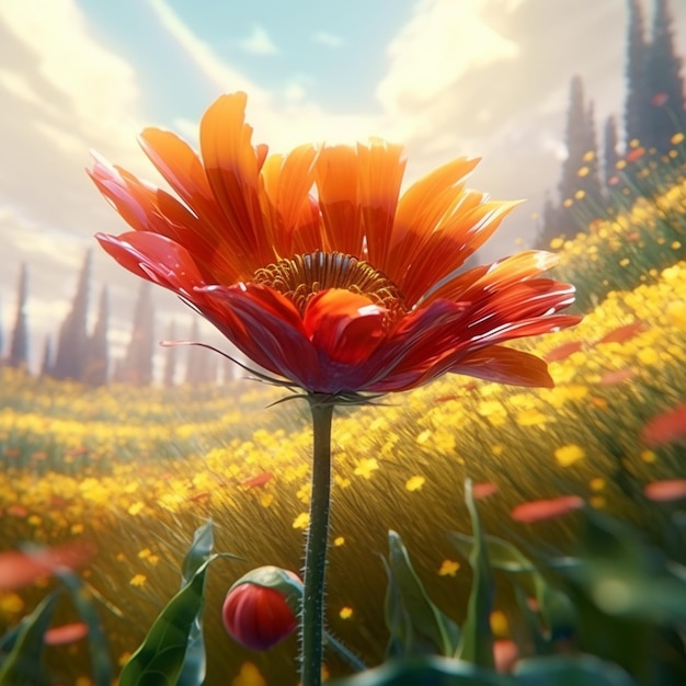 There is a red flower that is in a field of yellow flowers generative ai