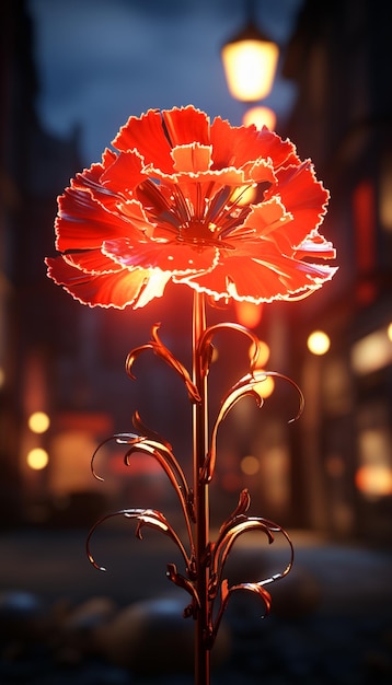 there is a red flower that is on a pole in the street generative ai